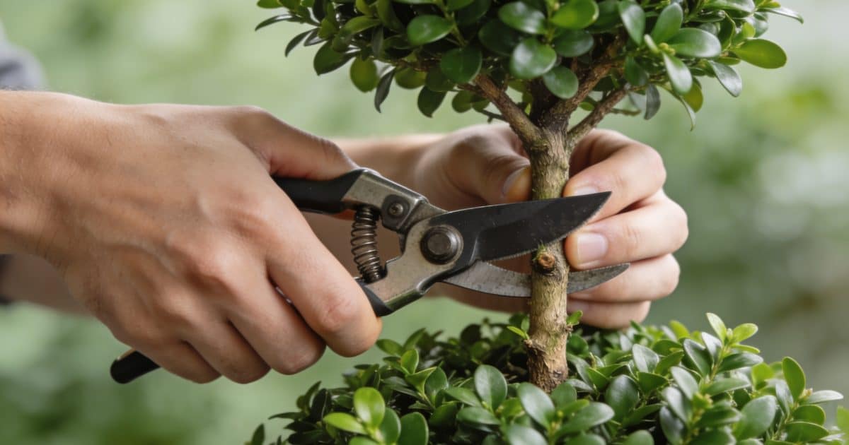 Mains coupant une branche de buis au sécateur