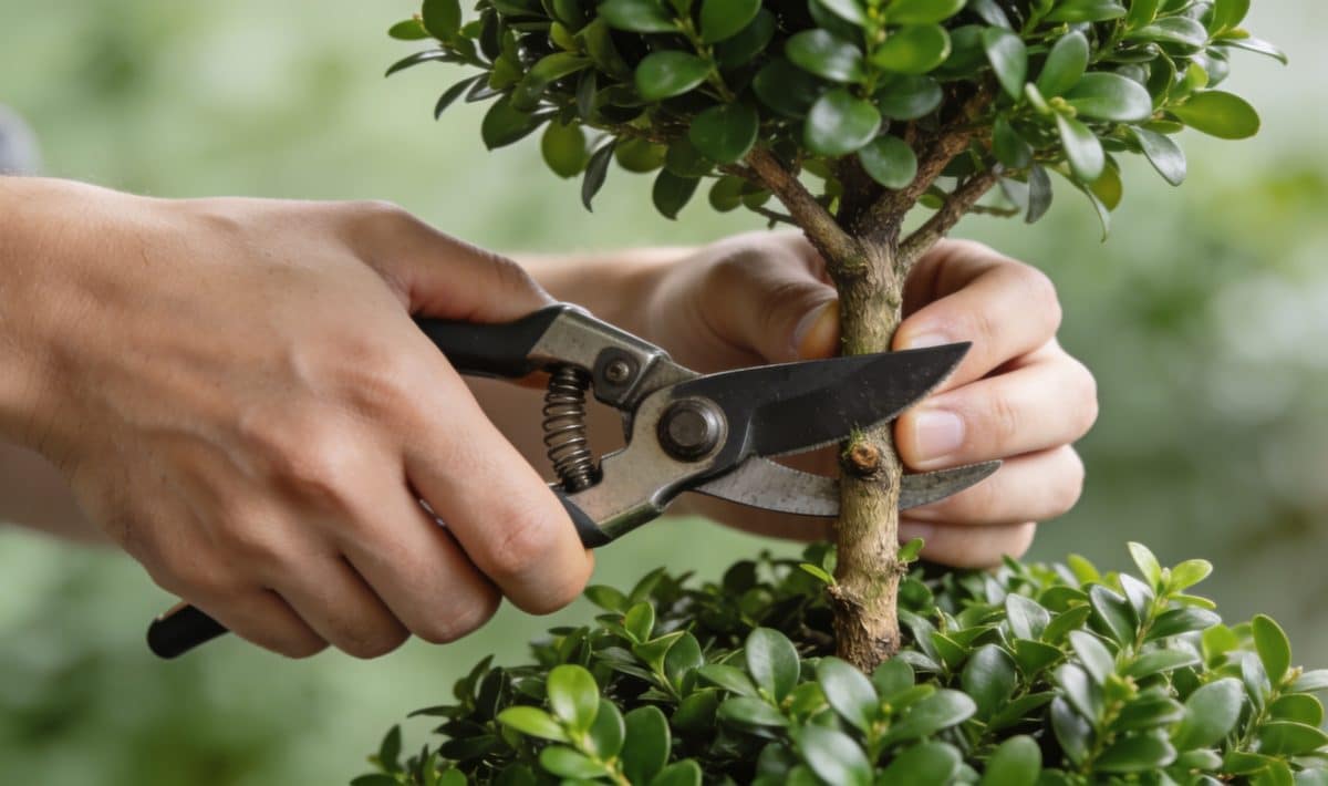 Mains coupant une branche de buis au sécateur