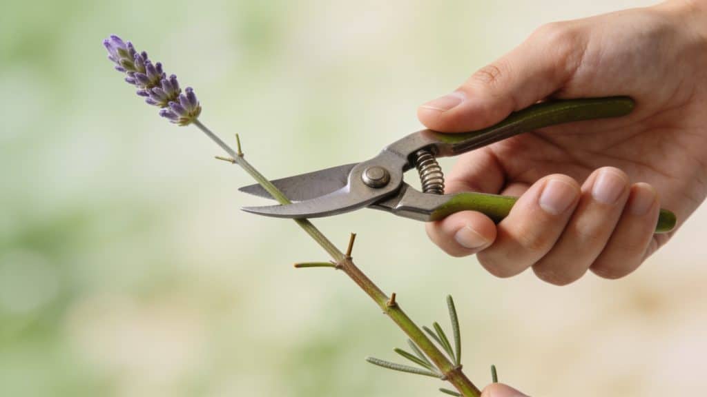 Mains coupant tige de lavande saine sans fleurs
