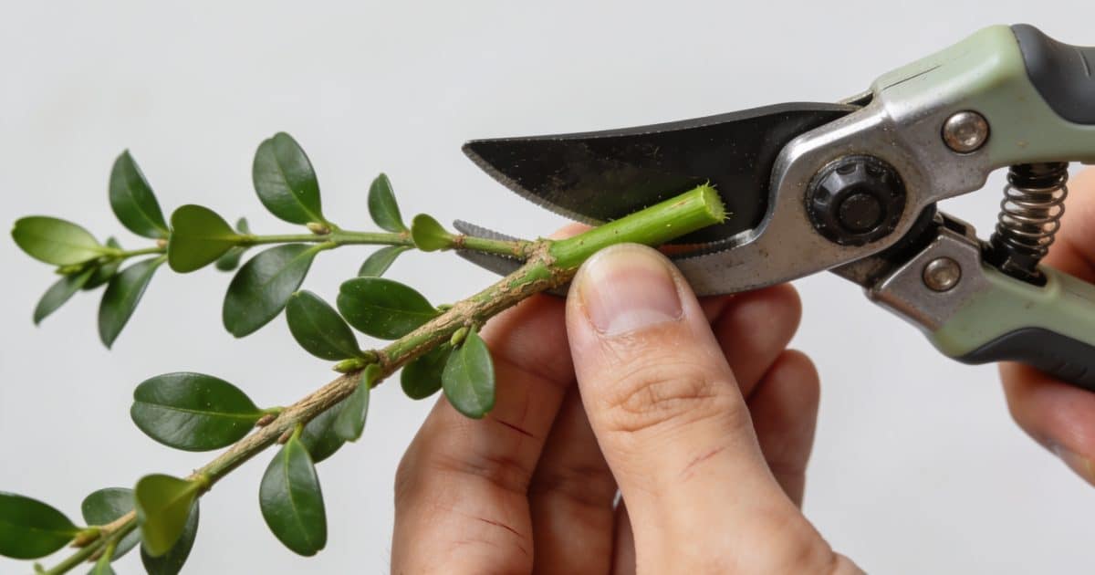 Mains coupant une tige de troene verte