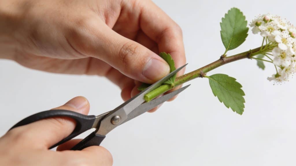 Mains coupant une tige verte de spirée