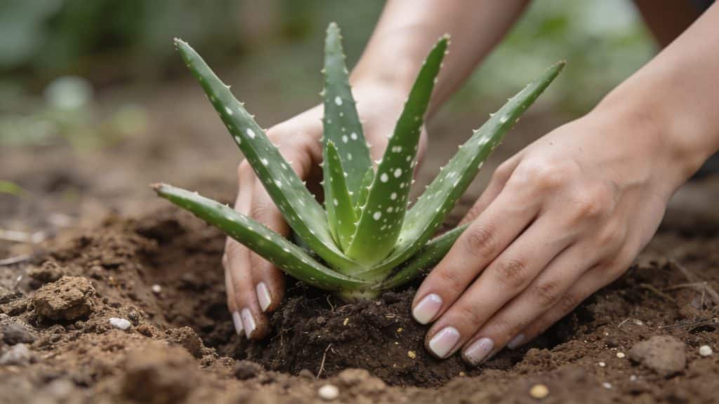 Mains plantant un aloe vera dans sol de jardin