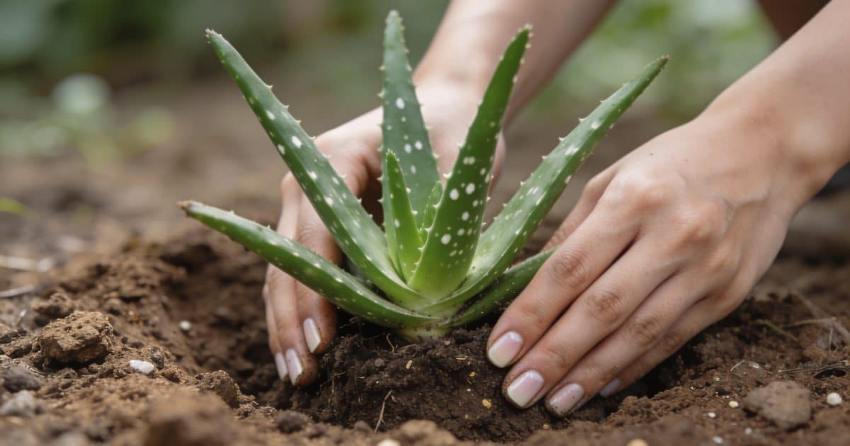 Mains plantant un aloe vera dans sol de jardin