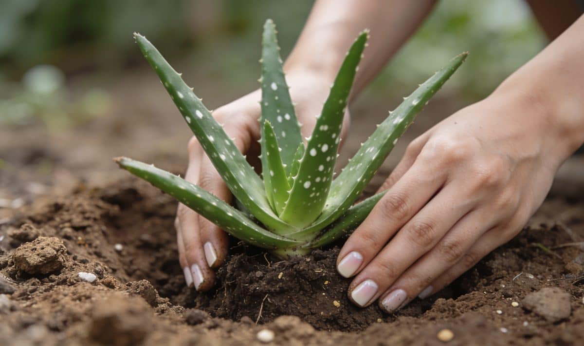 Mains plantant un aloe vera dans sol de jardin