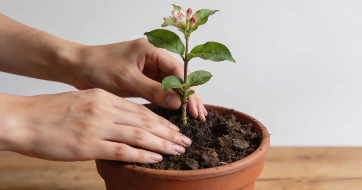 Mains plantant une bouture de weigela en pot