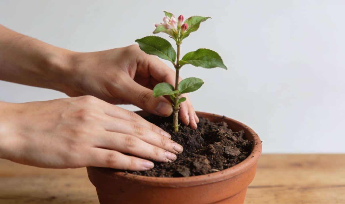 Mains plantant une bouture de weigela en pot
