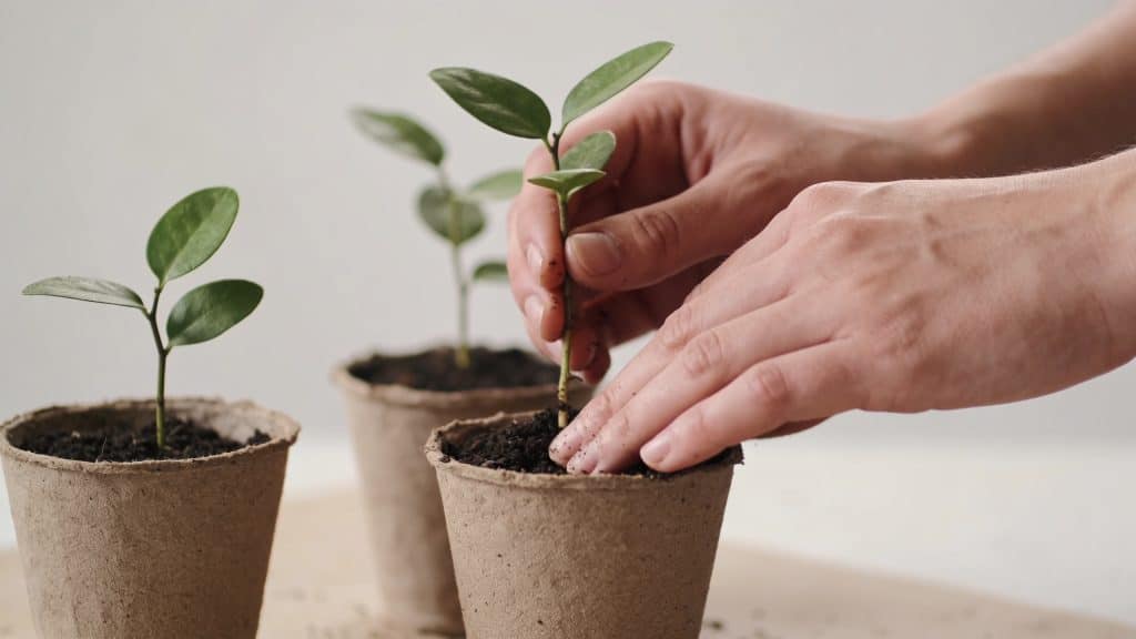Mains plantant des boutures dans petits pots