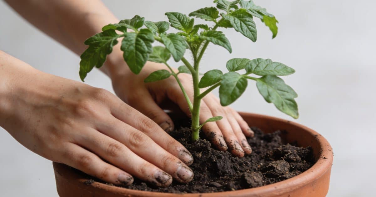 Mains plantant jeune plant de tomate dans pot