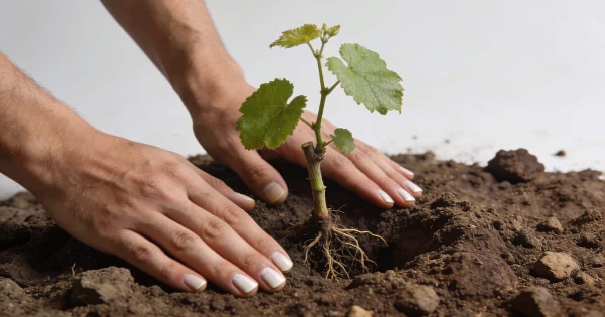 Mains plantant un jeune sarment de vigne