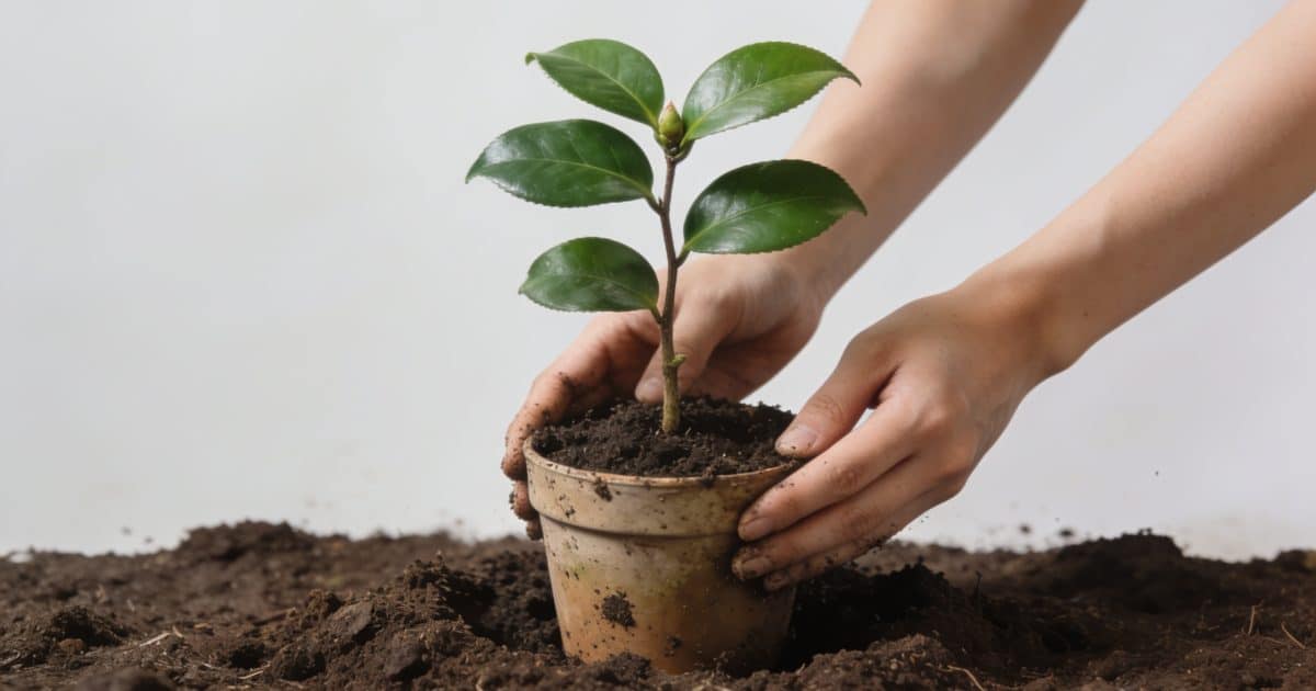 Mains plantant une petite tige de camelia en pot