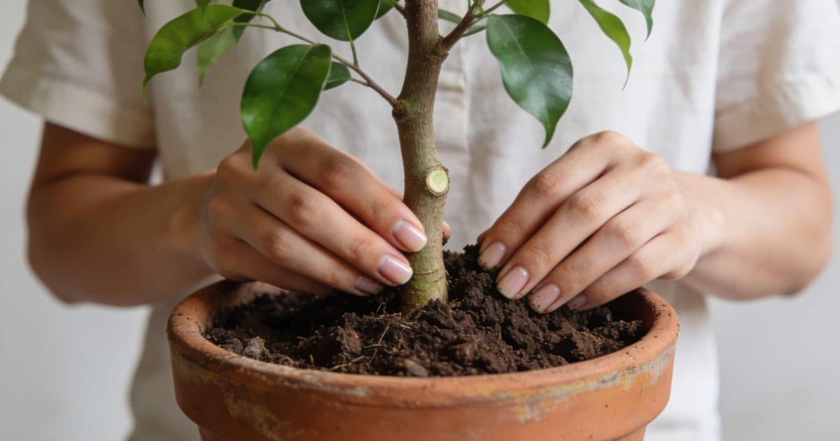 Mains plantant une petite tige de ficus en pot