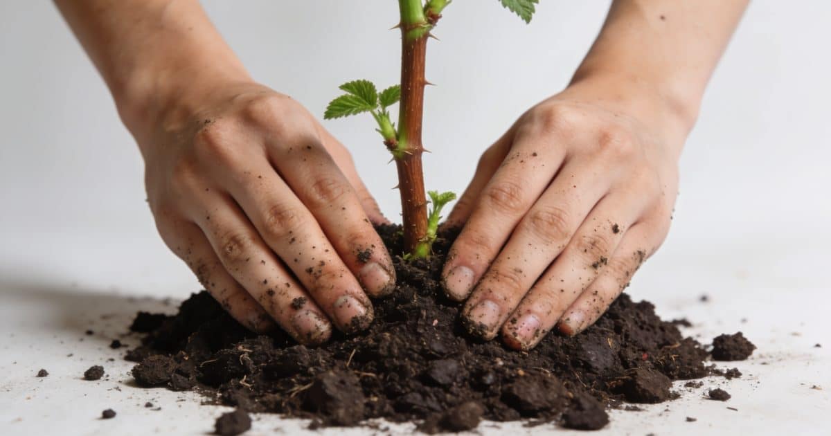 Mains plantant une tige de framboisier dans terre