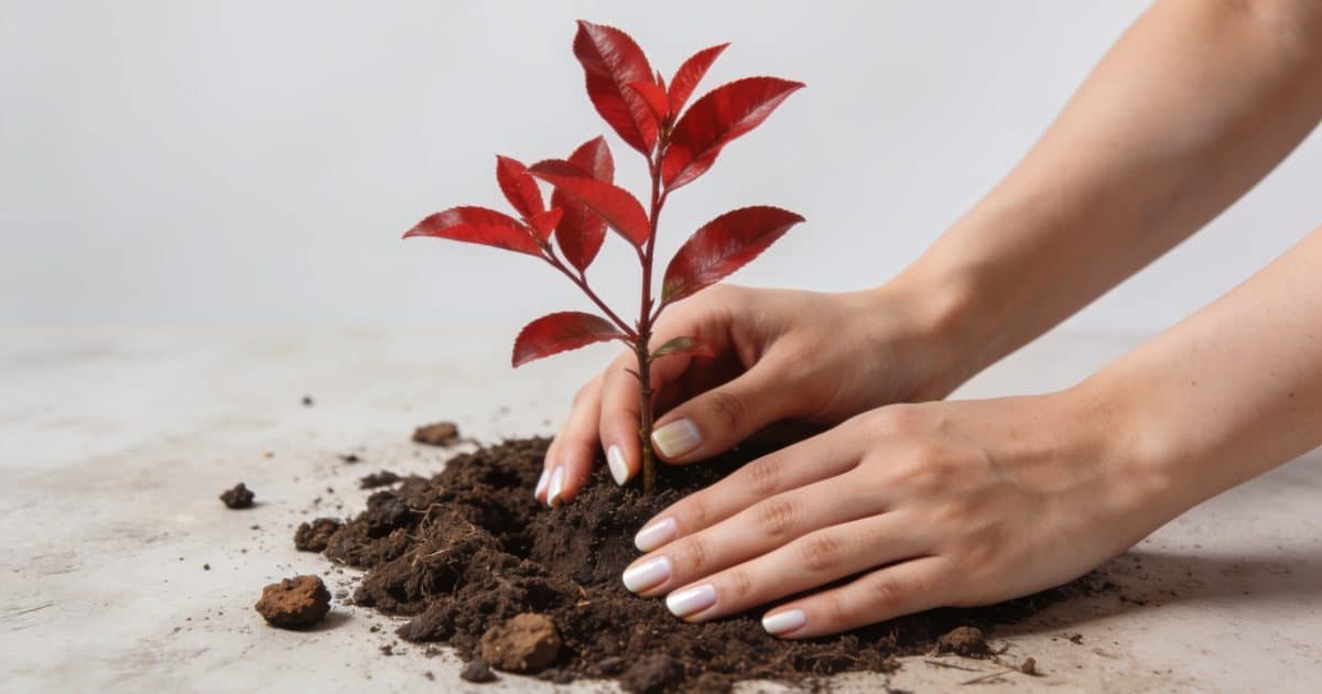 Mains plantant une petite tige de photinia rouge