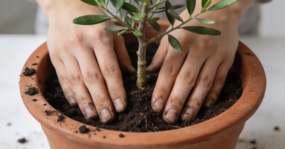 Mains replantant un jeune olivier en pot