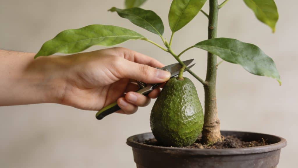Mains taillant un avocatier en pot au printemps