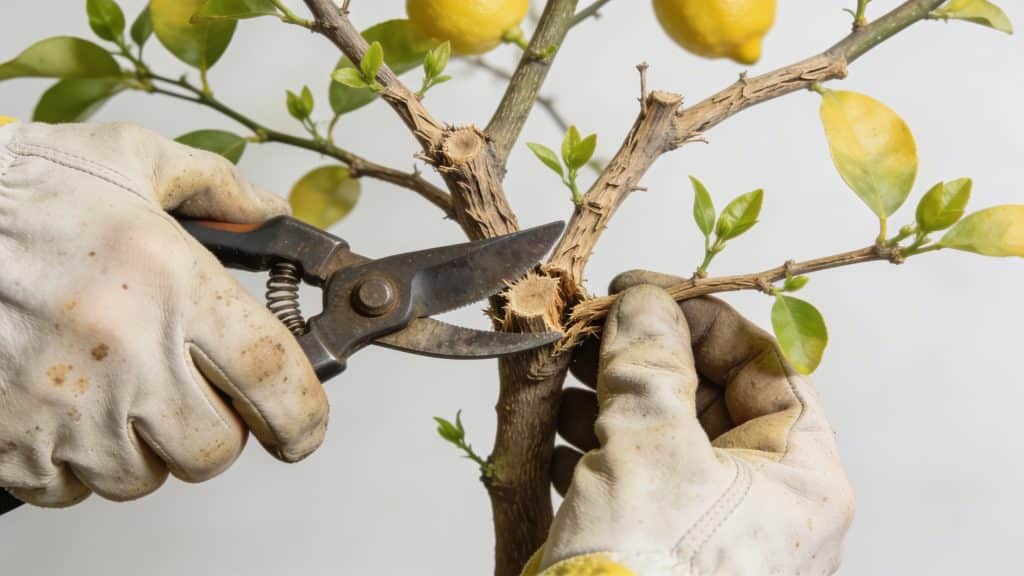 Mains taillant branches seches citronnier au printemps