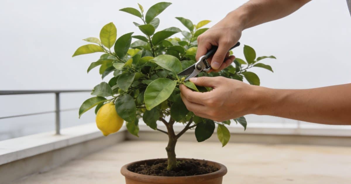 Mains taillant un citronnier en pot sur terrasse