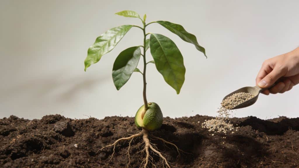 Mains versant engrais au pied dun jeune avocatier