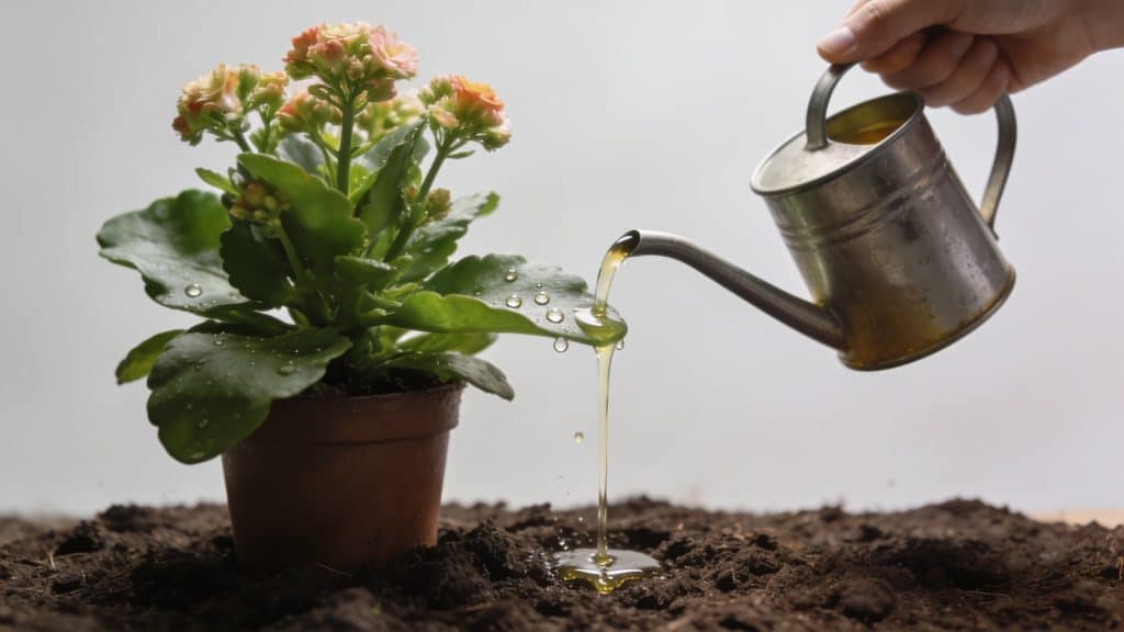 Mains versant engrais liquide dilue sur pot fleuri
