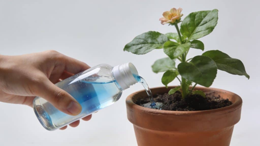 Mains versant engrais liquide sur pot de fleurs