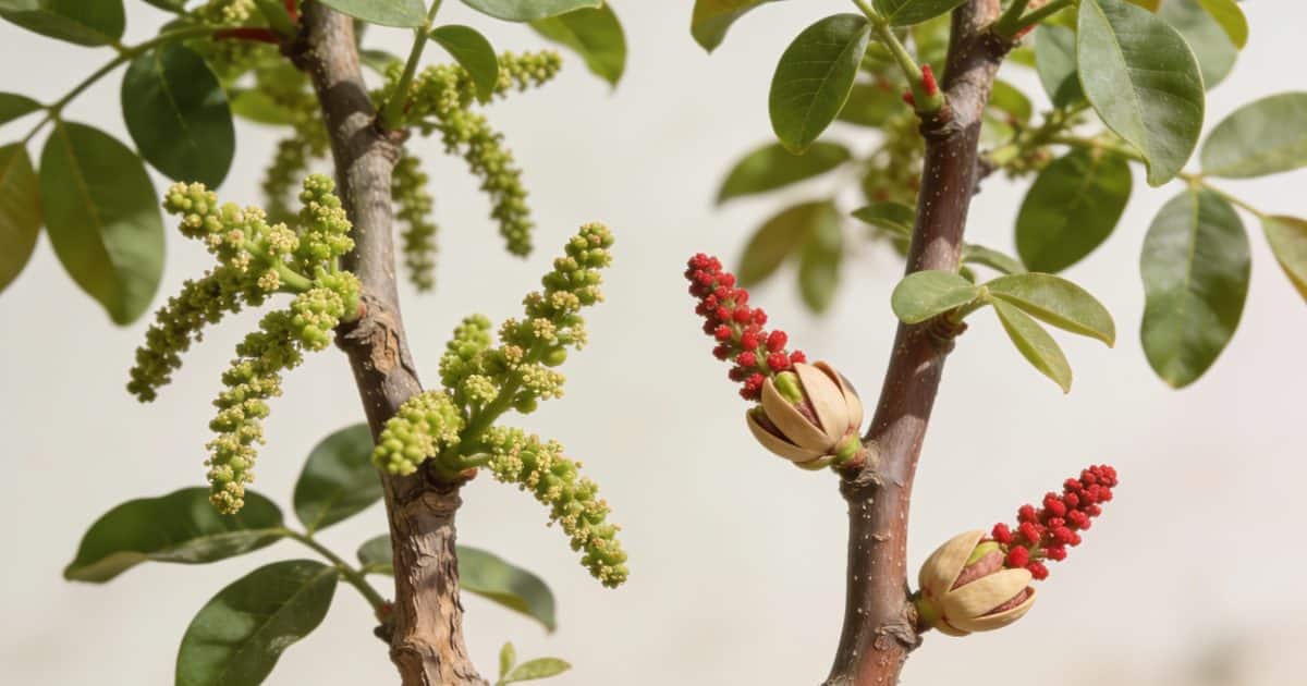 Deux pistachiers voisins montrant fleurs male et femelle