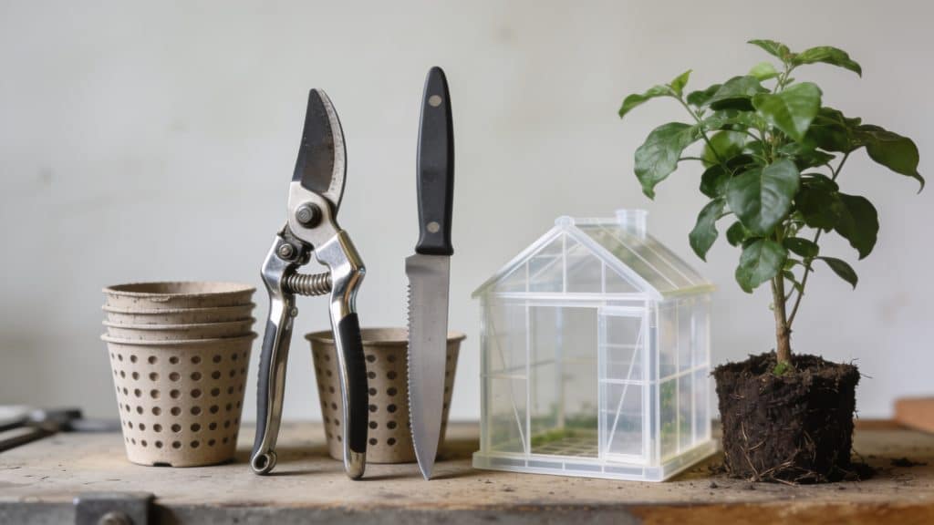 Plan de travail avec secateur brillant couteau pots perfores et mini serre plastique