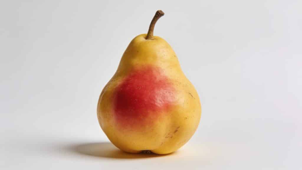Poire jaune ventrue avec joue rouge vermillon