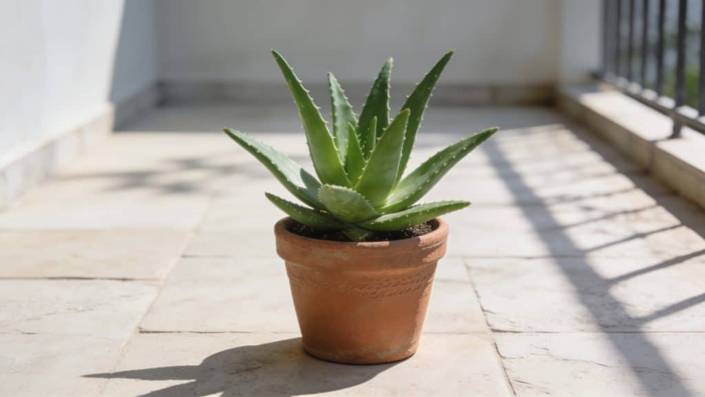 Pot daloe vera vert sur terrasse ensoleillee