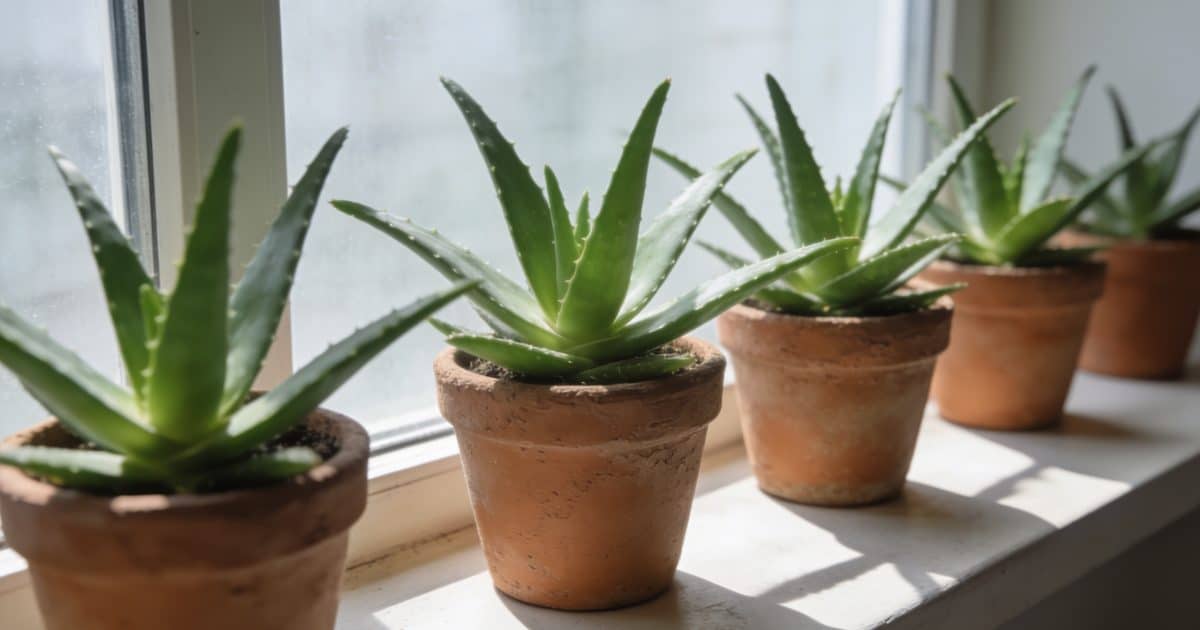 Pots daloe vera alignes sur rebord de fenetre