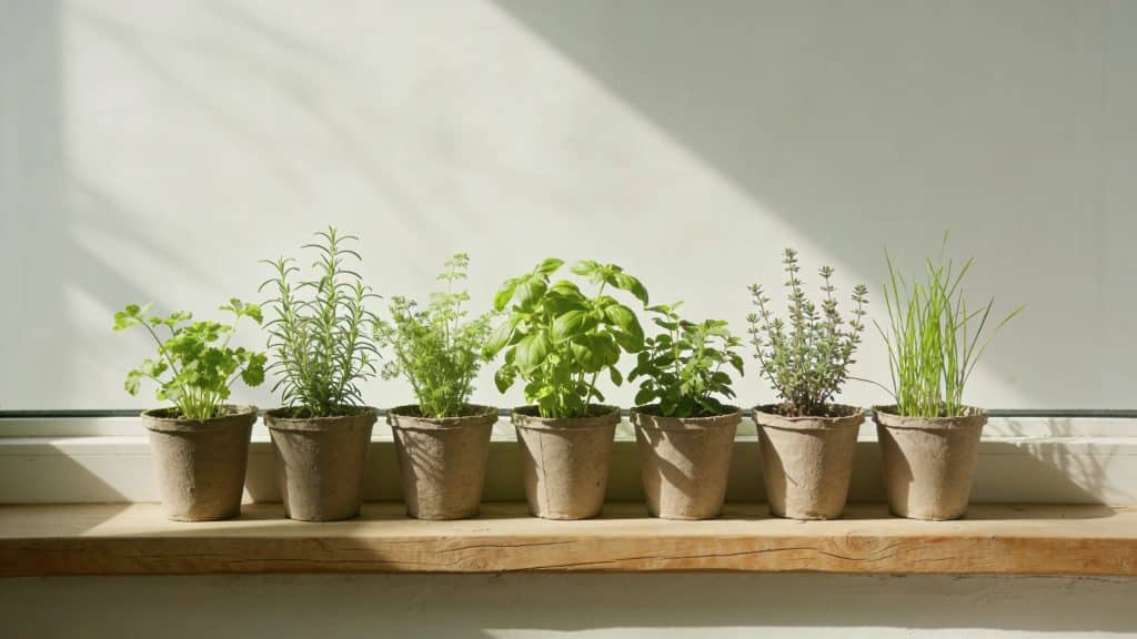 Pots dherbes alignes sur rebord de fenetre ensoleille