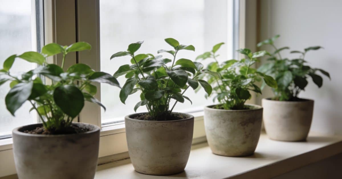 Pots de plantes d interieur alignes pres dune fenetre