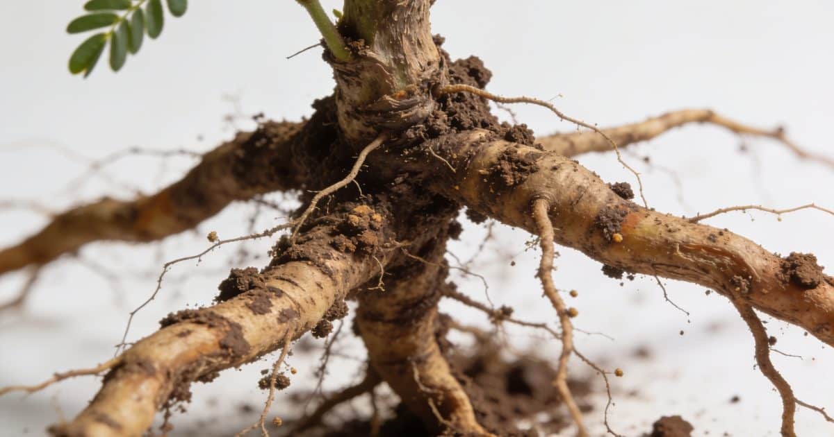 Gros plan sur racines de mimosa dans terre