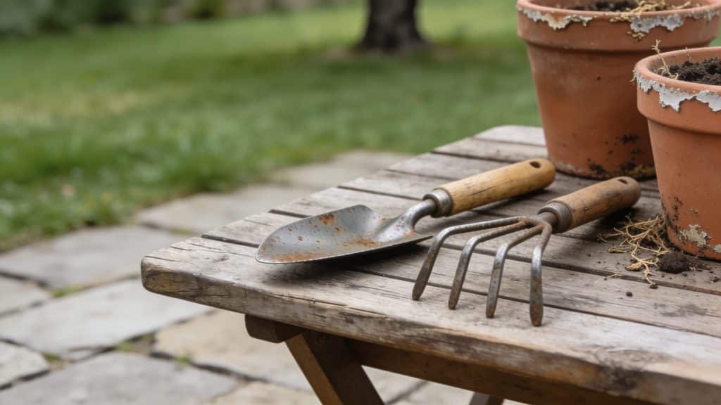 Table de jardin avec outils de jardinage et pots