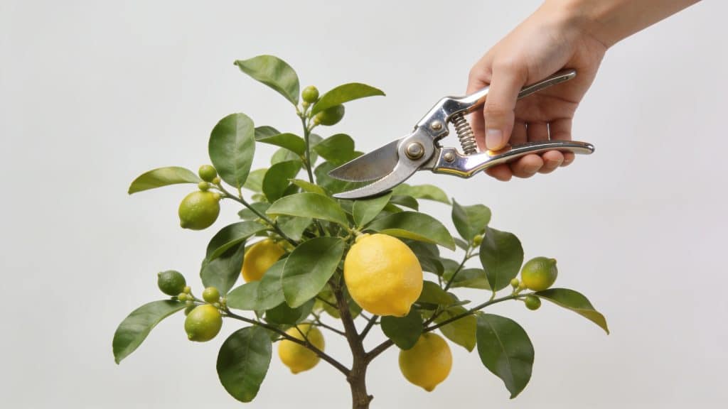 Main tenant un secateur brillant au dessus dun citronnier