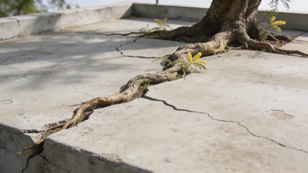 Terrasse en beton fissuree par racines de mimosa