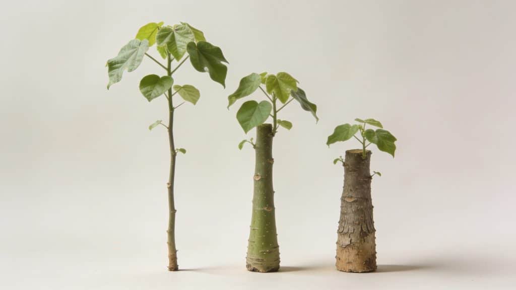 Trois jeunes paulownias de tailles differentes alignes