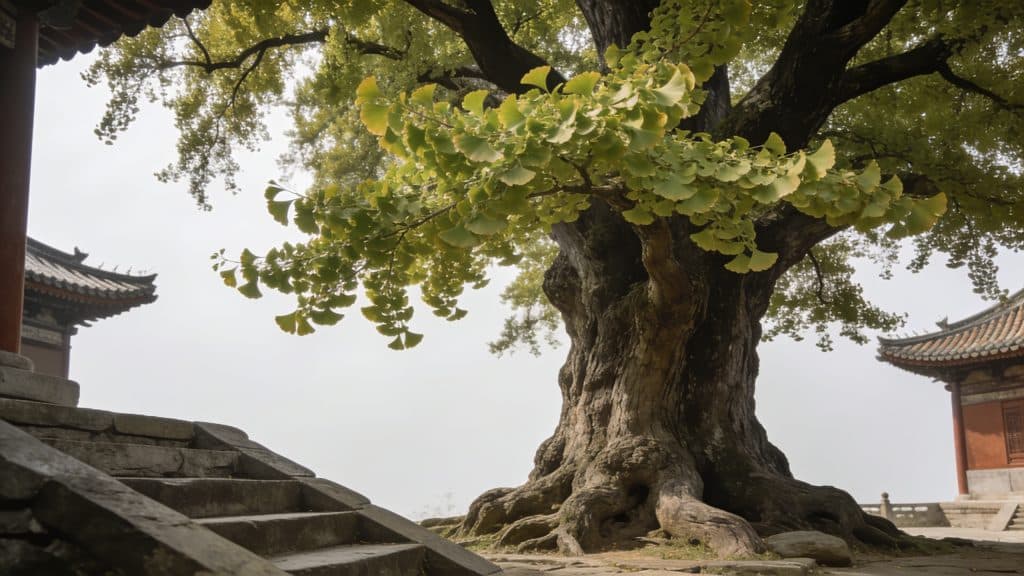 Vieux ginkgo geant dans un temple chinois