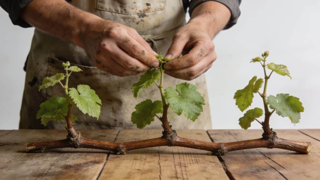 Vigneron prepare trois boutures de vigne sur table