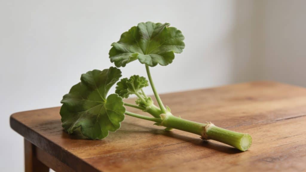 Main coupée de geranium verte sur table en bois
