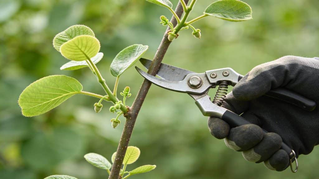 Jardinier coupant jeune rameau de kiwi vert