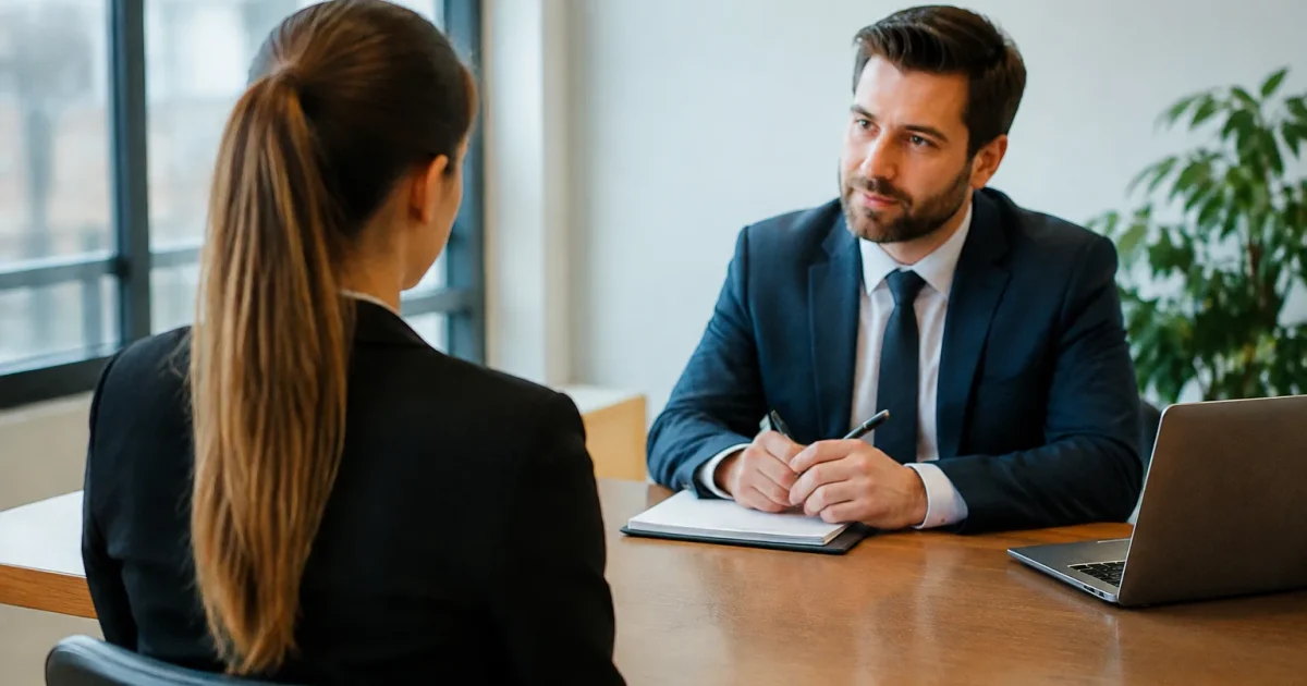 Candidat assis, dos droit, face a un recruteur