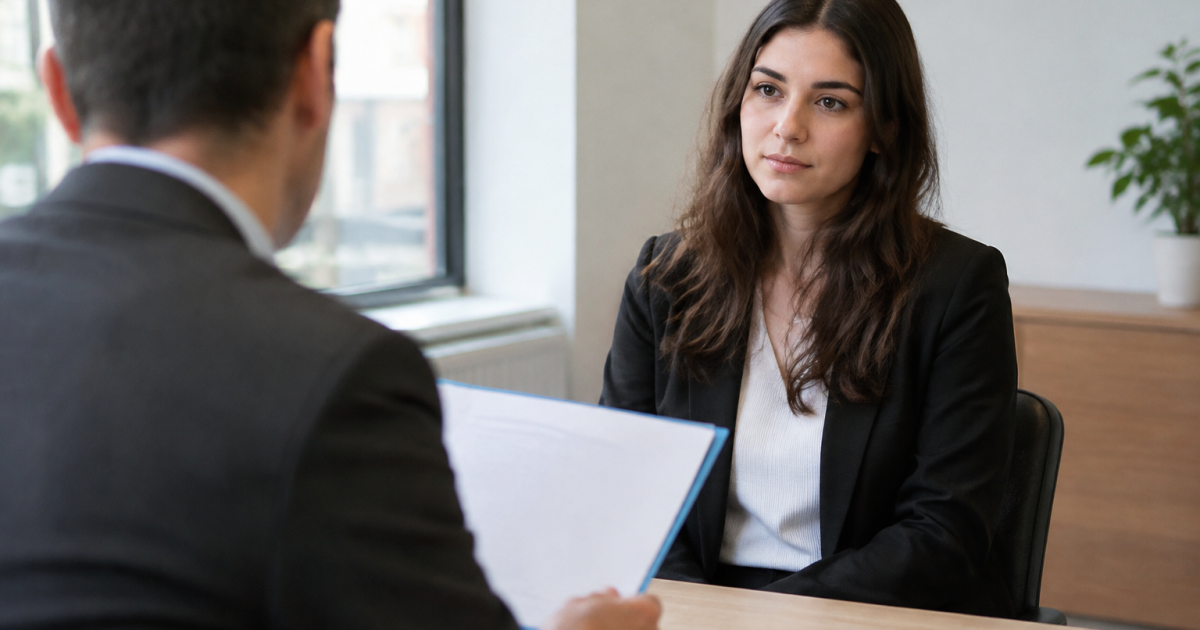 Candidat assis droit face a recruteur tenant un dossier