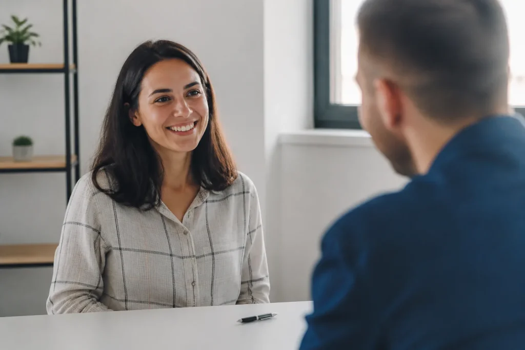 Candidate souriante face a recruteur, stylo pose sur bureau