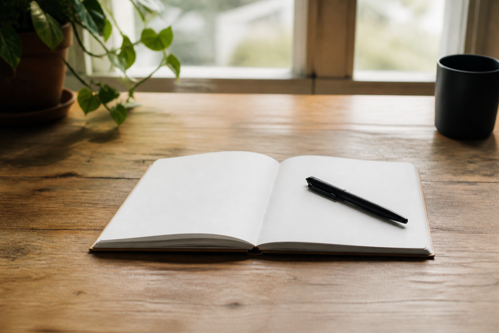 Carnet ouvert et stylo sur un bureau lumineux