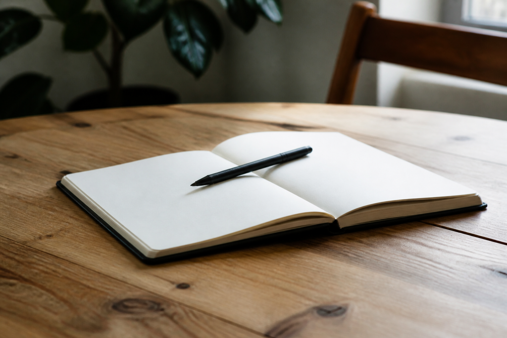 Carnet ouvert et stylo sur un bureau en bois