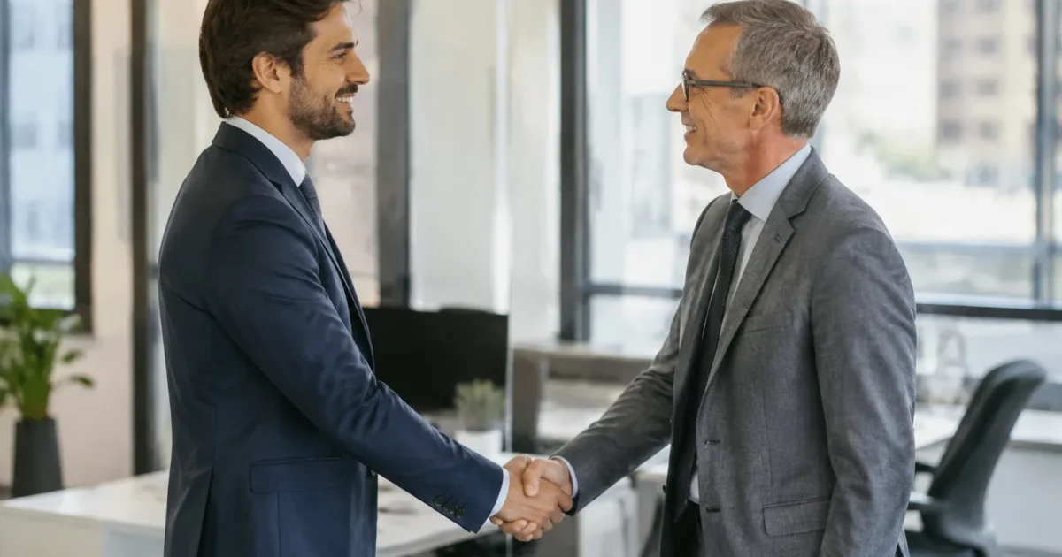 Deux cadres debout se serrent la main au bureau
