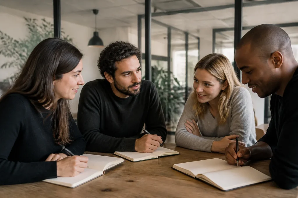 Equipe reunie autour dune table avec carnets ouverts