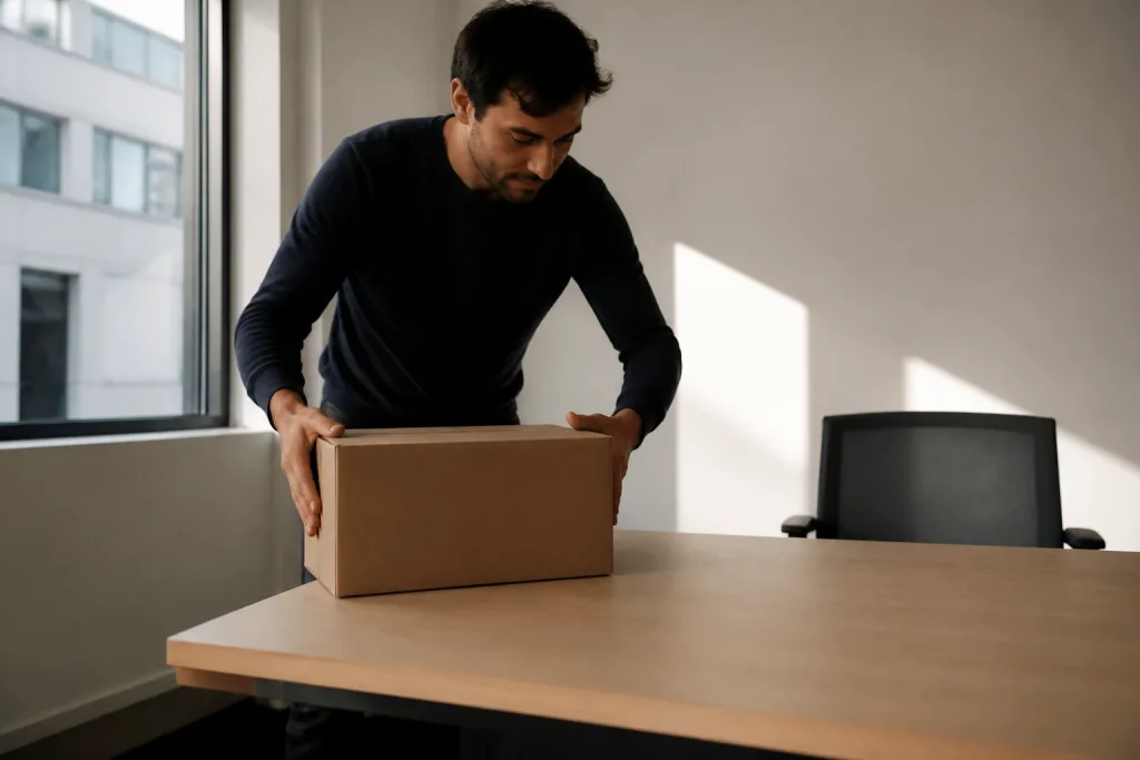 Un homme pose un carton sur un bureau vide