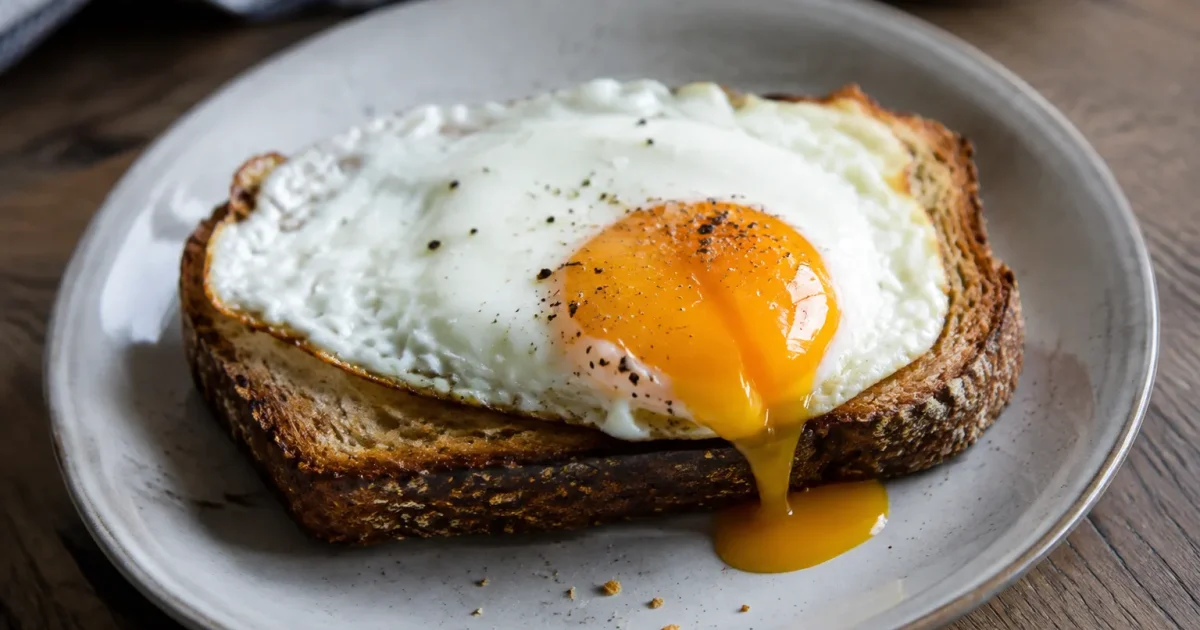 Jaune coulant entouré de blanc ferme sur toast