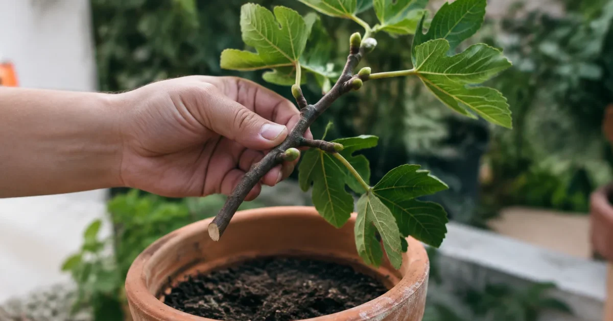 Main tenant une tige de figuier au-dessus d'un pot